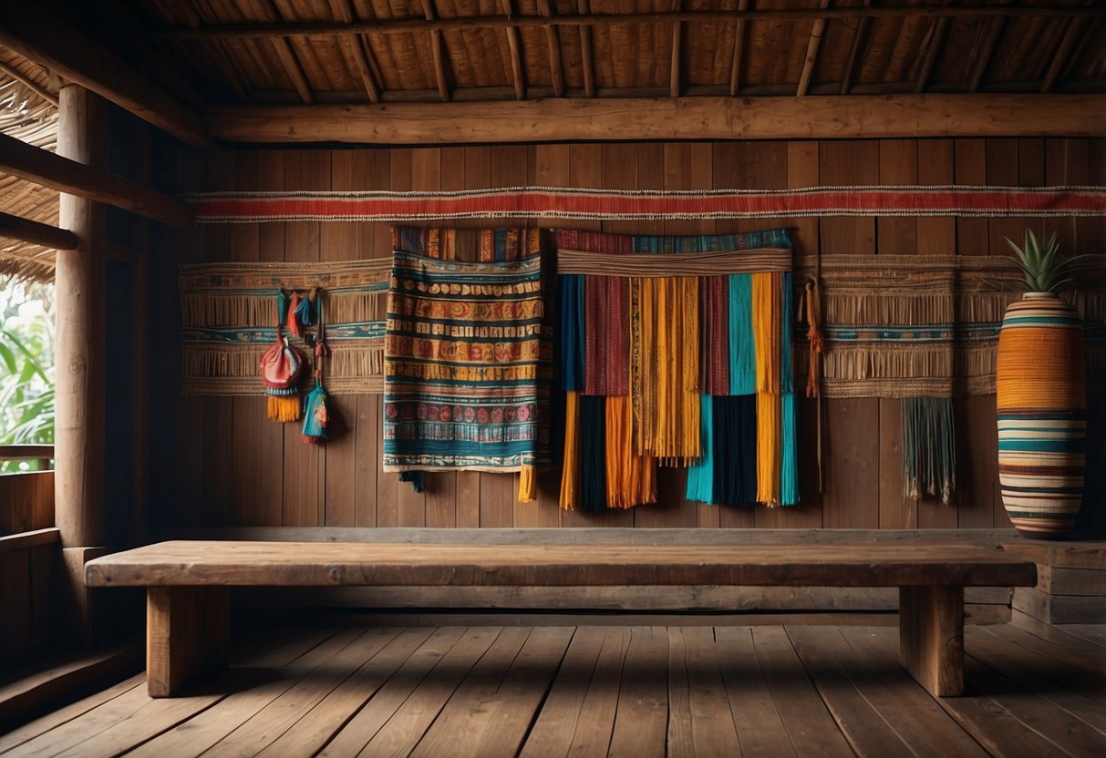 A colorful traditional Flores woven ikat hanging on a wooden wall, surrounded by cultural artifacts and symbols of indigenous heritage in Indonesia