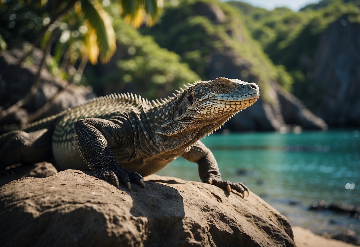 Lush green jungle surrounds a rugged coastline with crystal-clear waters. A majestic Komodo dragon basks in the sun near a rocky outcrop