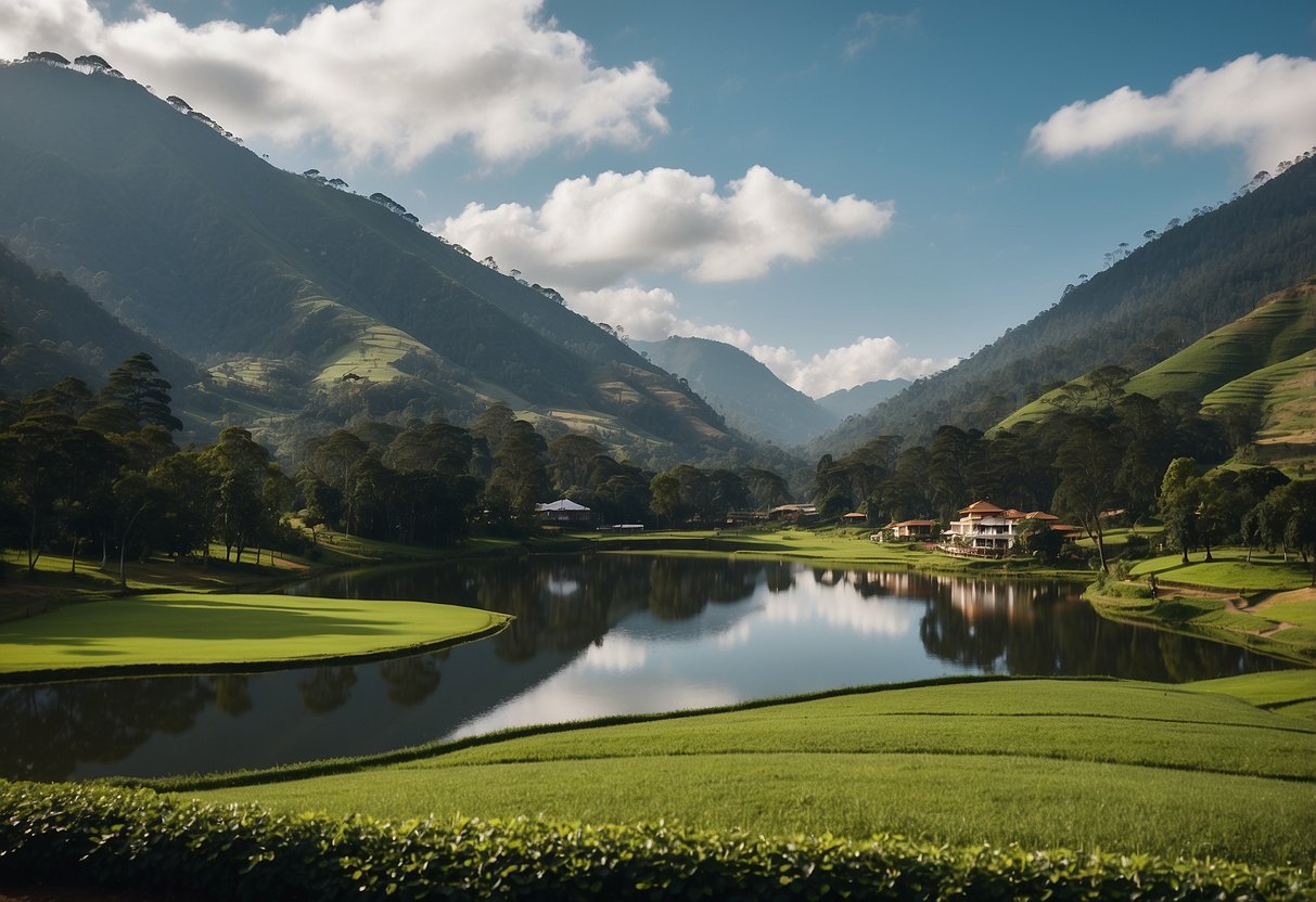 A serene landscape of Nuwara Eliya, with lush green mountains and a tranquil lake reflecting the surrounding nature