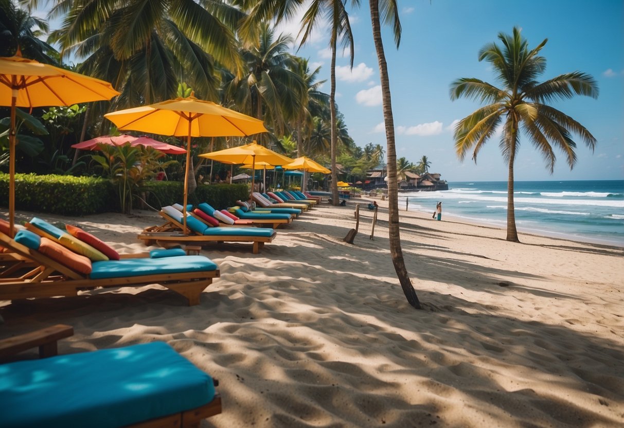 A serene beach in Bali with palm trees, clear blue water, and colorful umbrellas dotting the sandy shore