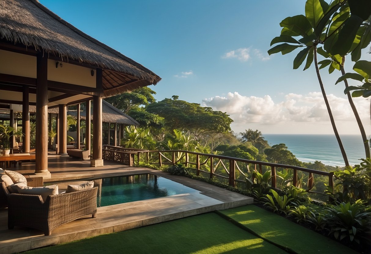 A serene beach with lush greenery, a traditional Balinese villa, and a clear blue sky