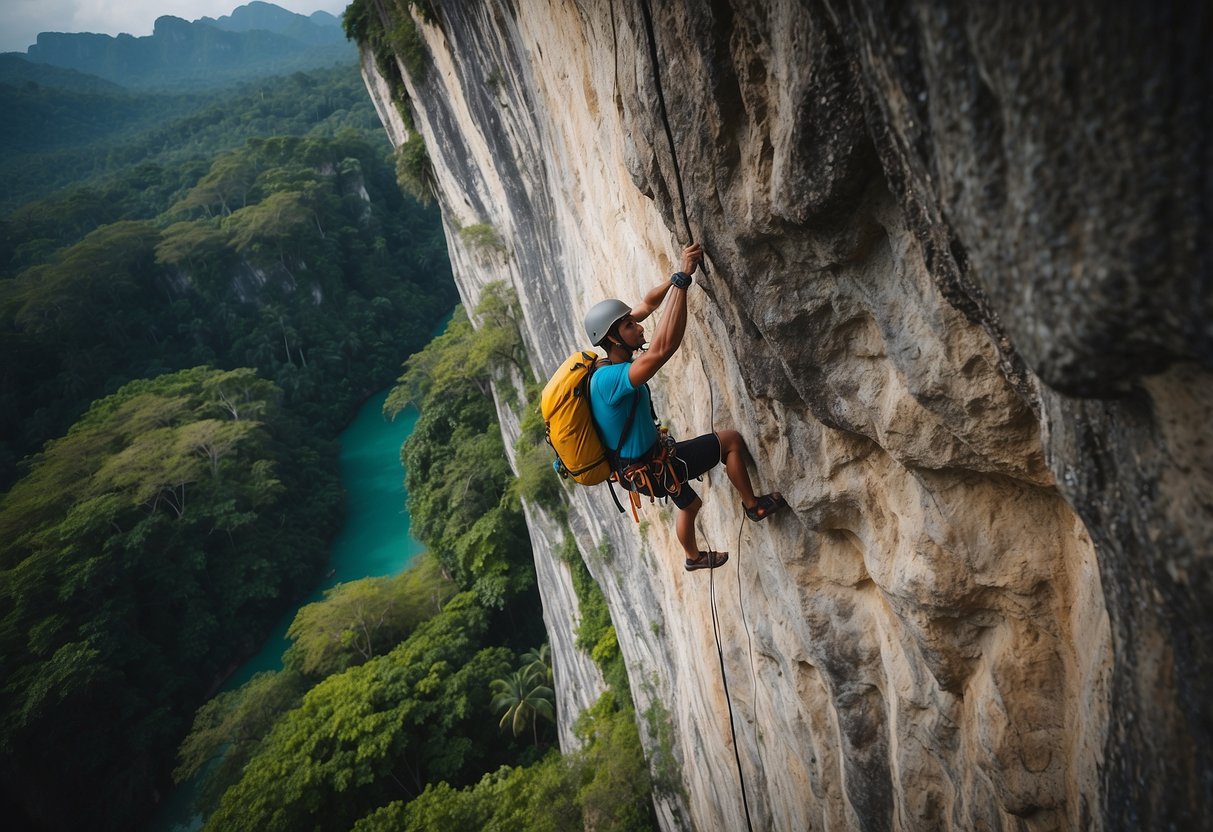 A climber scales a limestone cliff in Krabi, Thailand, with lush jungle and turquoise waters below