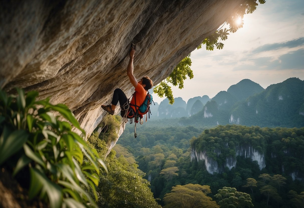 A climber navigating a rocky cliff in Krabi, using ropes and carabiners. The lush greenery and limestone formations provide a stunning backdrop