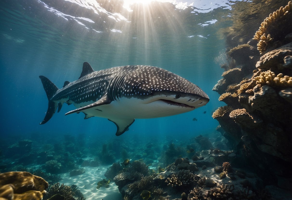 A colorful coral reef with a majestic whale shark swimming gracefully through the crystal-clear waters of Koh Tao