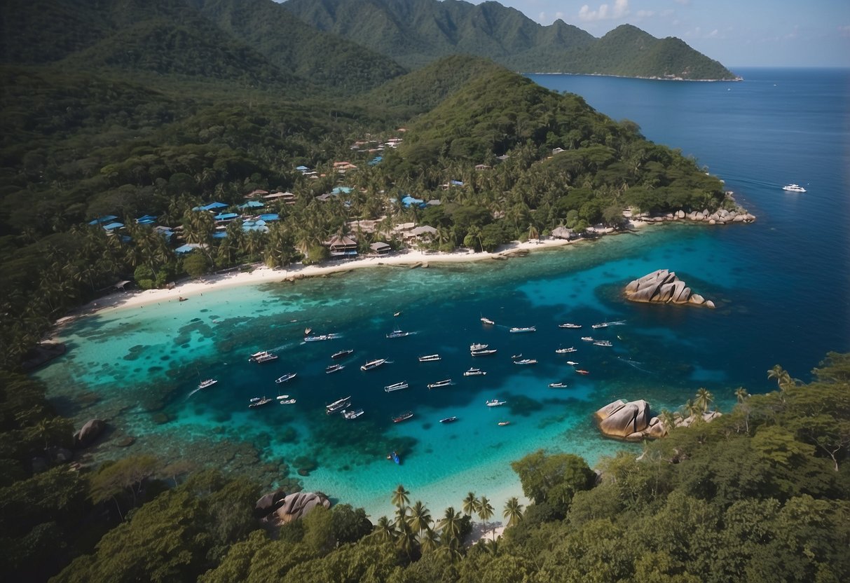 A map of Koh Tao with snorkeling, diving, and whale shark watching activities marked. Blue ocean and palm trees in the background