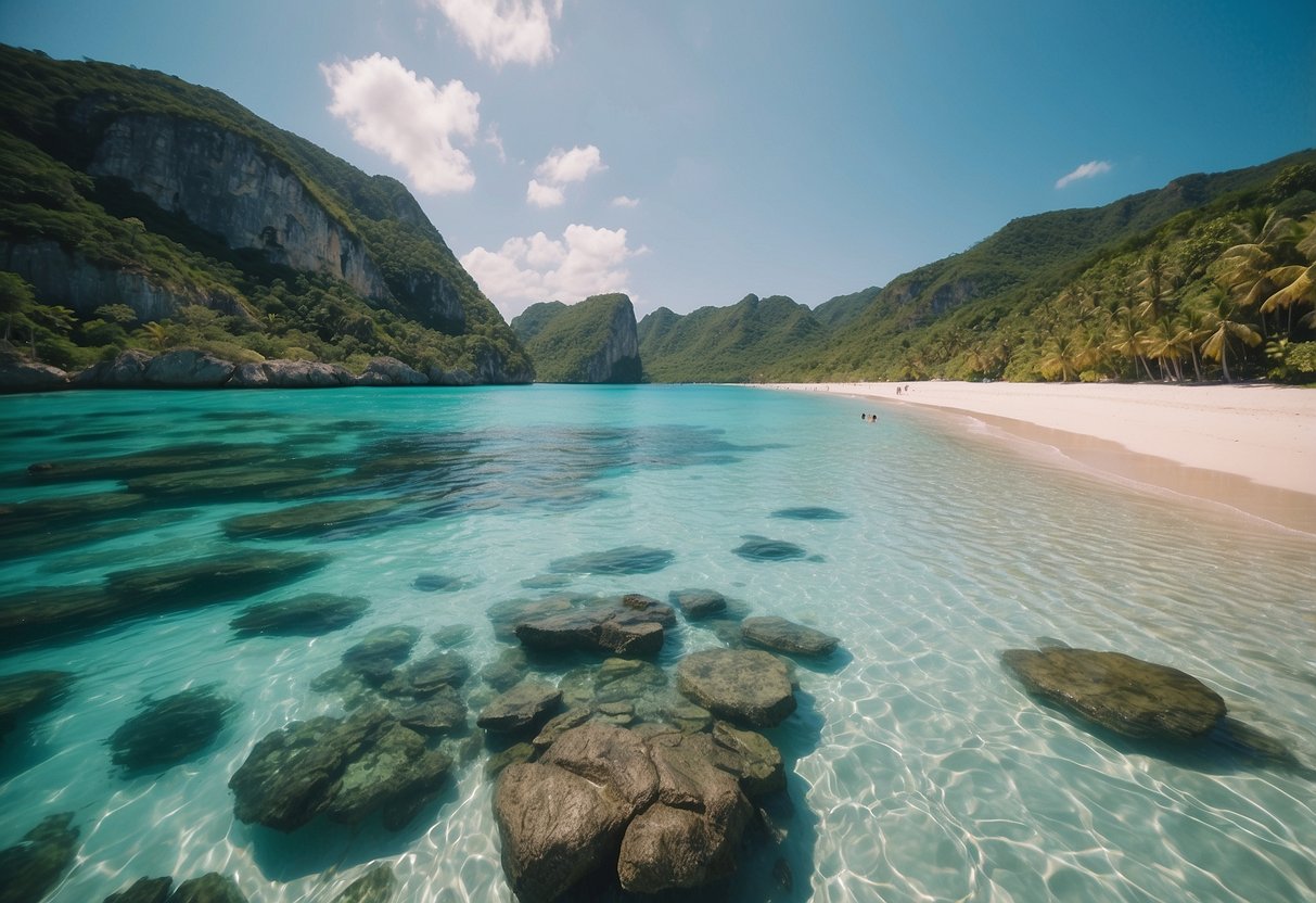 A serene beach with crystal-clear turquoise water and white sandy shores, surrounded by lush greenery and towering limestone cliffs