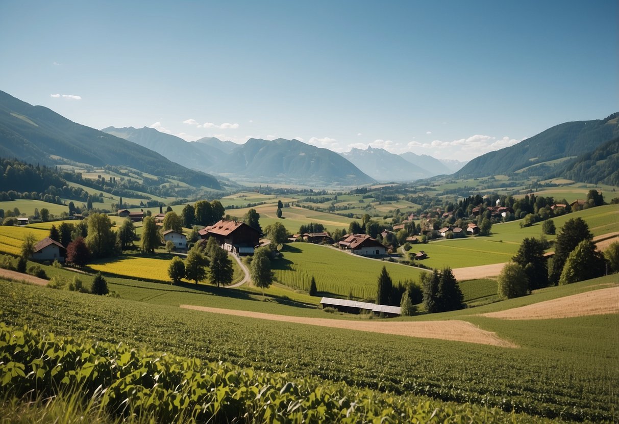 A Swiss countryside with fields of crops and a small village in the distance, surrounded by mountains and a clear blue sky