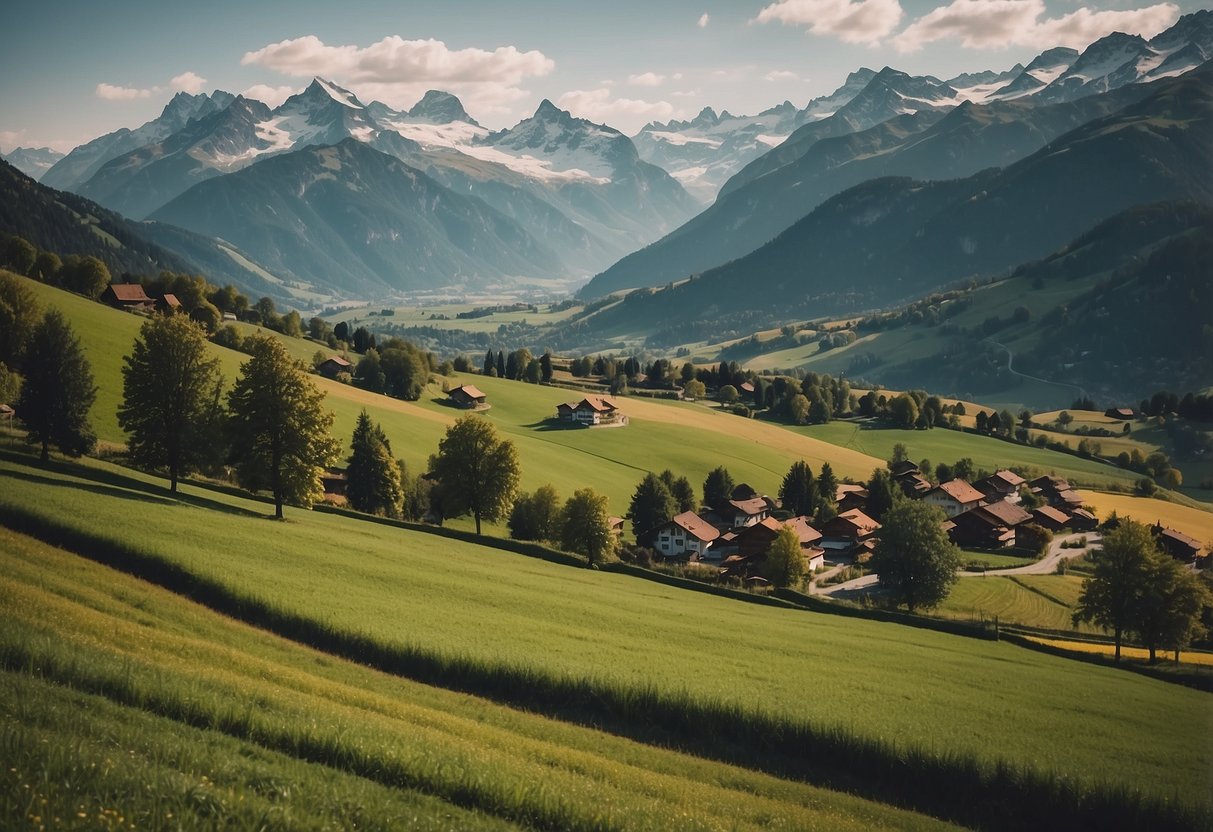 A scenic Swiss landscape with fields and mountains, showcasing the seasonal work in Switzerland