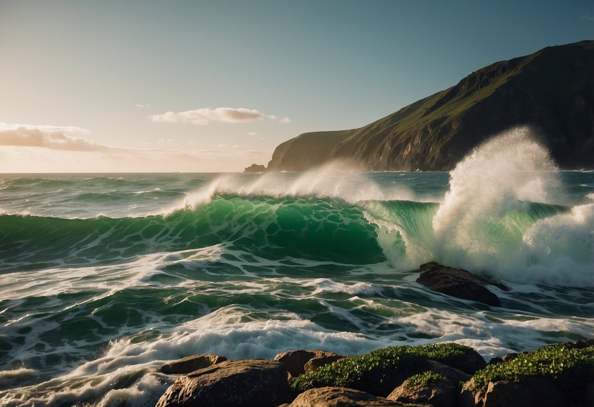 Vibrant green waves crashing against rocky cliffs