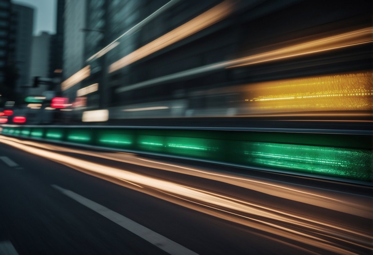 Traffic lights change to green in sequence, allowing smooth flow of traffic. Cars move steadily along the road, following the green wave pattern