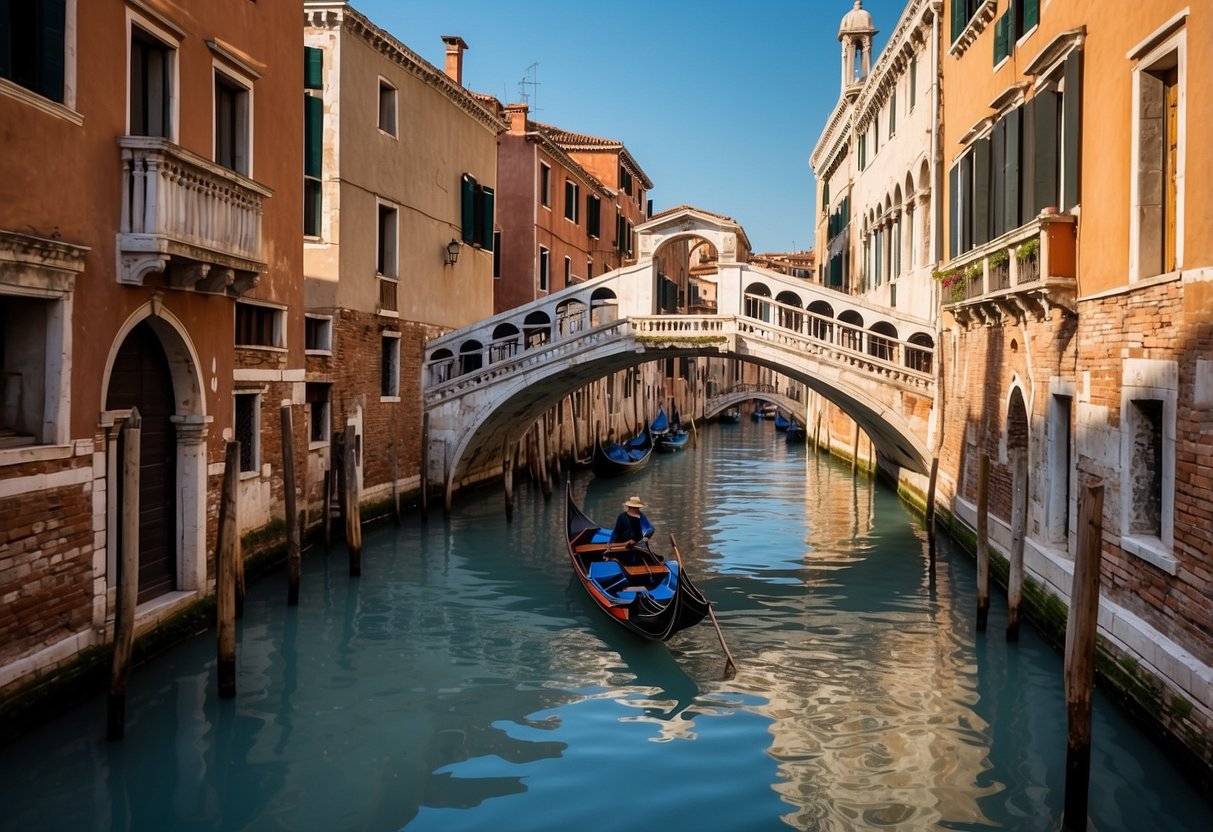 "Venice in 2 days" - A gondola glides through narrow canals, passing by colorful historic buildings and arched bridges under a bright blue sky