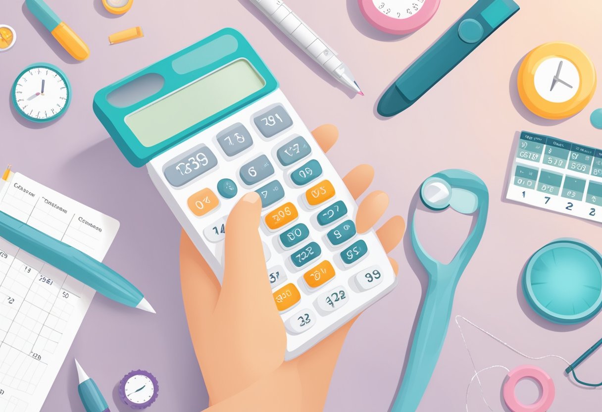 A hand holding a conception calculator, surrounded by a calendar, ovulation tracker, and pregnancy test