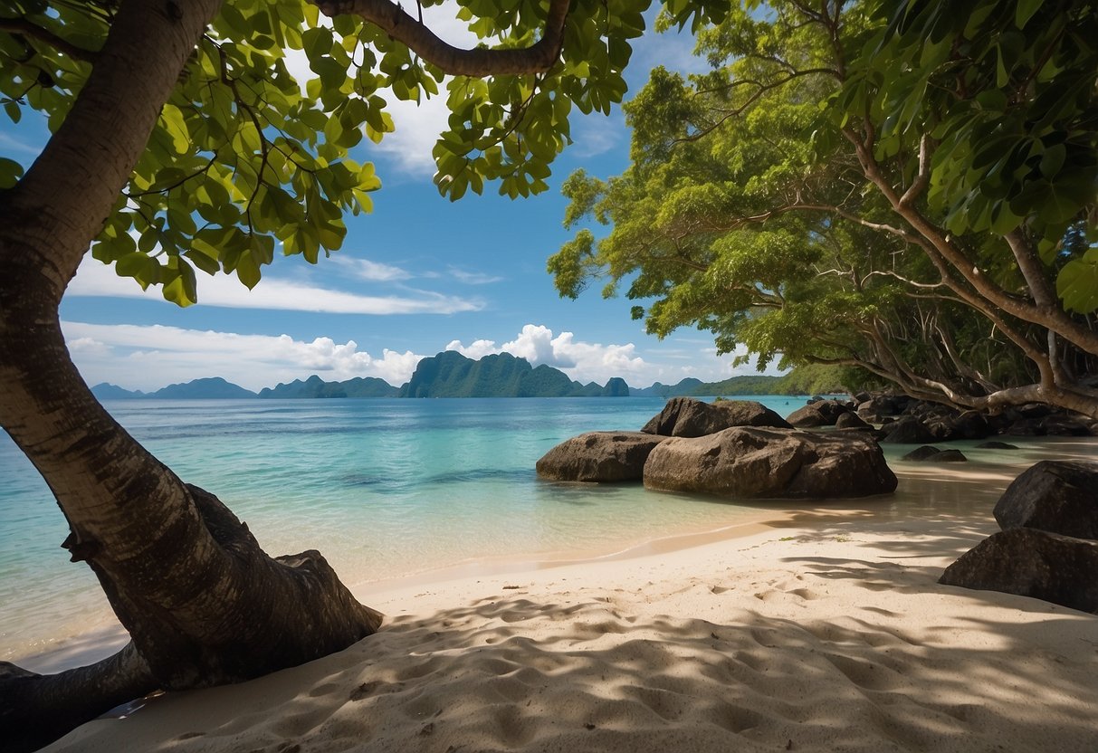 A serene beach with crystal-clear waters and lush greenery in Puerto Princesa