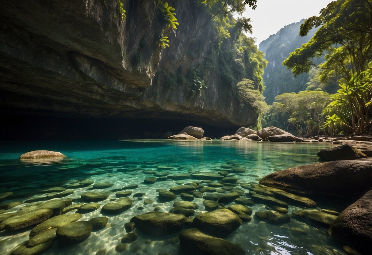 Lush rainforest, crystal-clear waters, and diverse wildlife in Puerto Princesa. Tourists explore caves and mangroves, marvel at underground rivers, and engage in sustainable eco-tourism activities