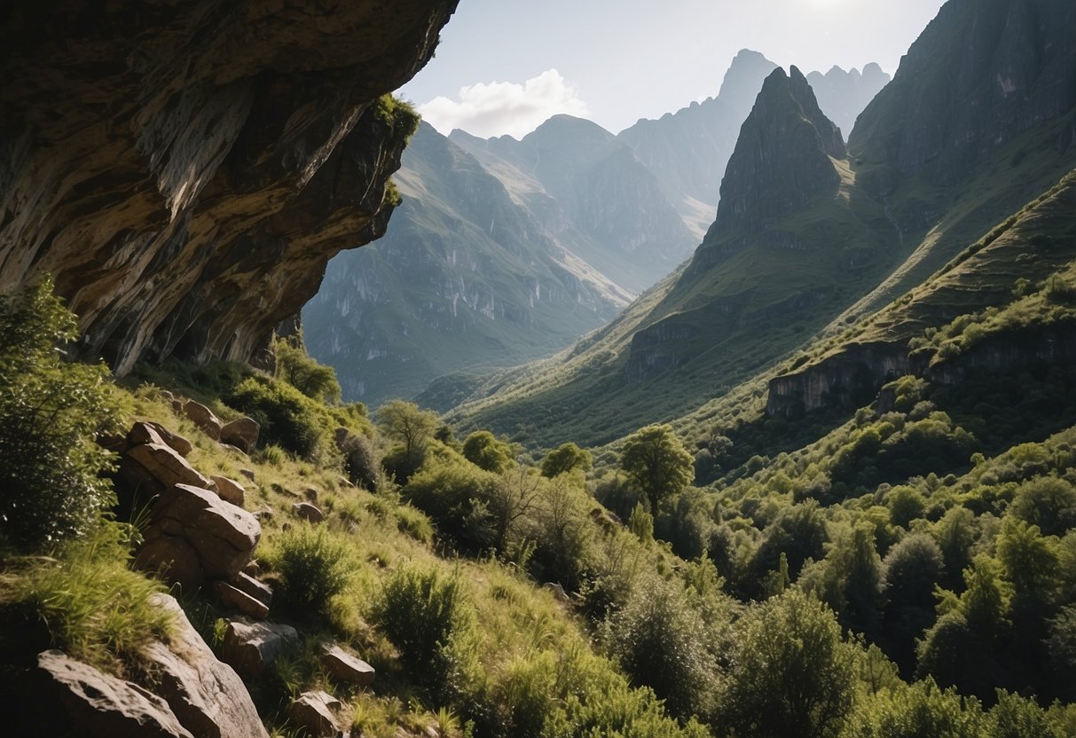 A cave surrounded by the iconic three peaks, with rugged cliffs and lush greenery