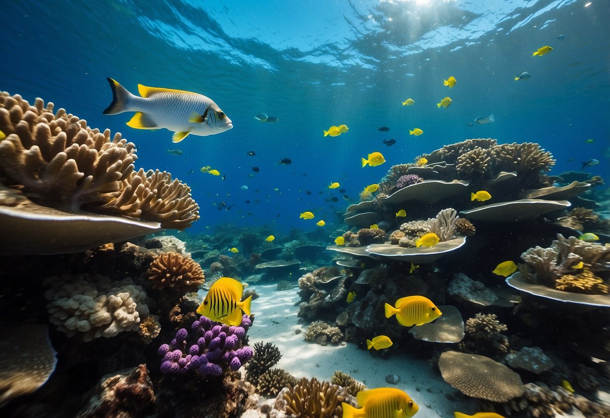 A vibrant underwater reef teeming with colorful fish and coral, surrounded by crystal clear blue water