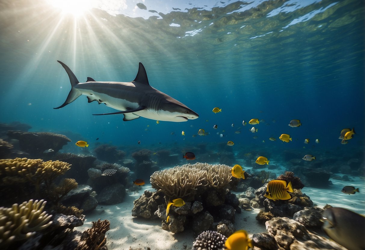 A vibrant underwater scene with colorful coral reefs, schools of tropical fish, and a majestic thresher shark swimming in the crystal-clear waters of Malapascua