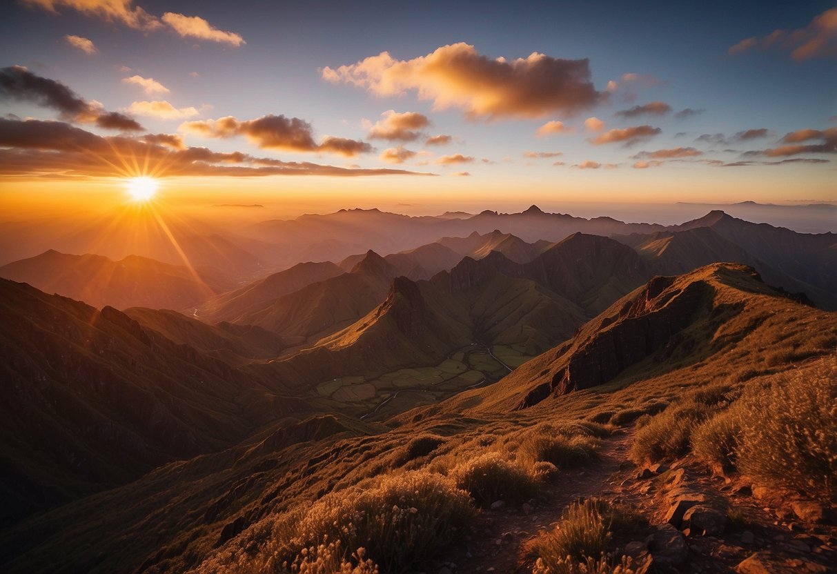 The sunrise over Pico Arieiro, with the mountain peaks bathed in golden light and the sky filled with vibrant hues of orange and pink