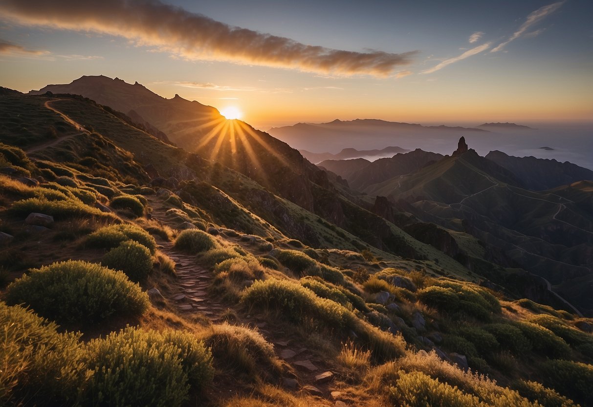 Sunrise over Pico Arieiro, with winding paths and scenic viewpoints