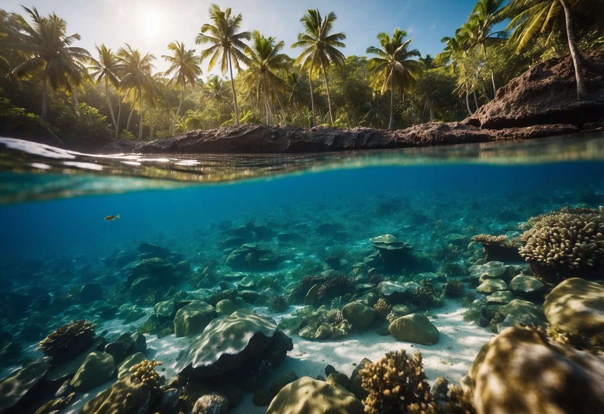 Crystal clear water surrounds a small tropical island, with lush greenery and palm trees lining the sandy shore. Colorful fish and coral can be seen beneath the surface