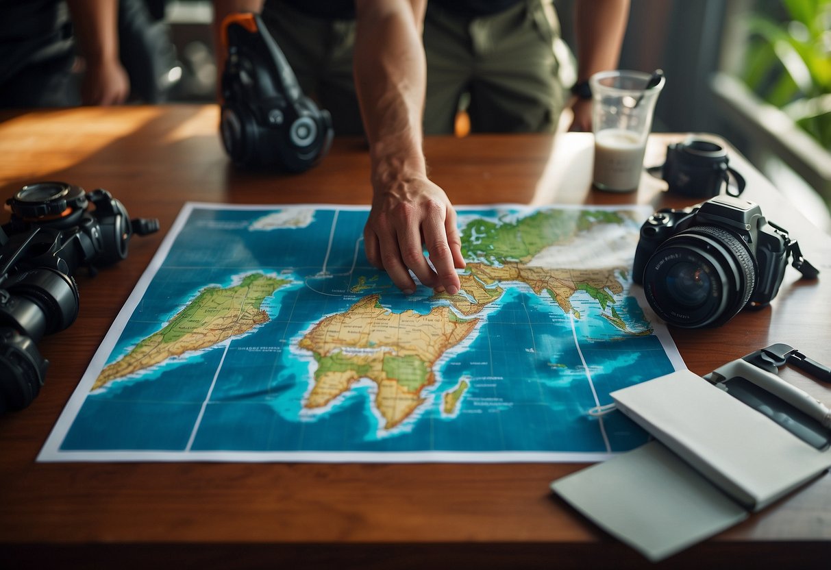 A group of divers plans their Sipadan diving trip, studying maps and equipment, surrounded by tropical ocean imagery