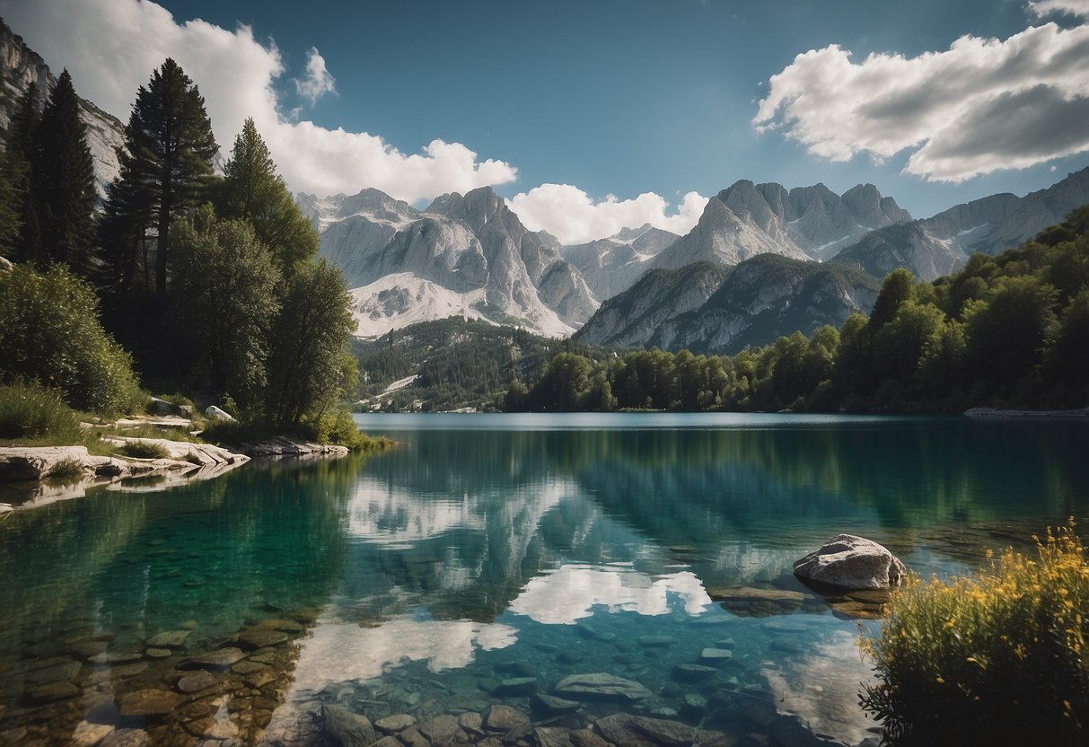 A serene mountain lake reflects the surrounding peaks, with a trail leading through lush greenery towards the tranquil waters of Lago di Sorapis