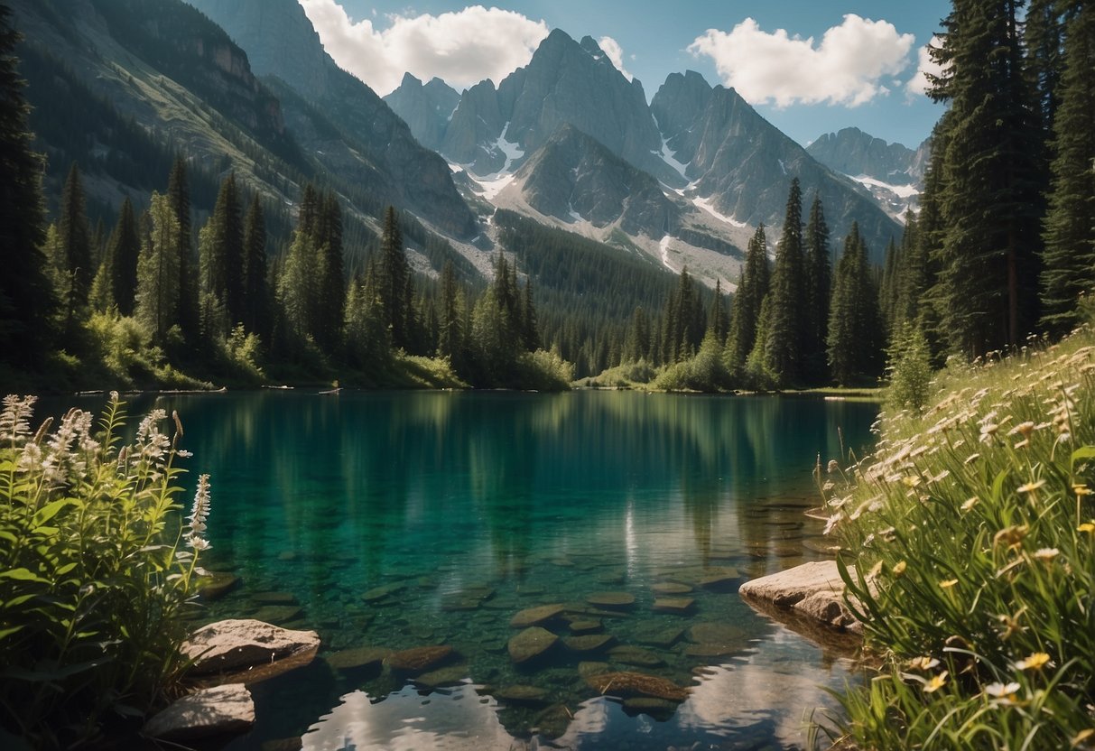 A serene lake nestled among towering mountains, with a winding trail leading through lush greenery and wildflowers. The crystal-clear water reflects the surrounding peaks, creating a picturesque and tranquil scene