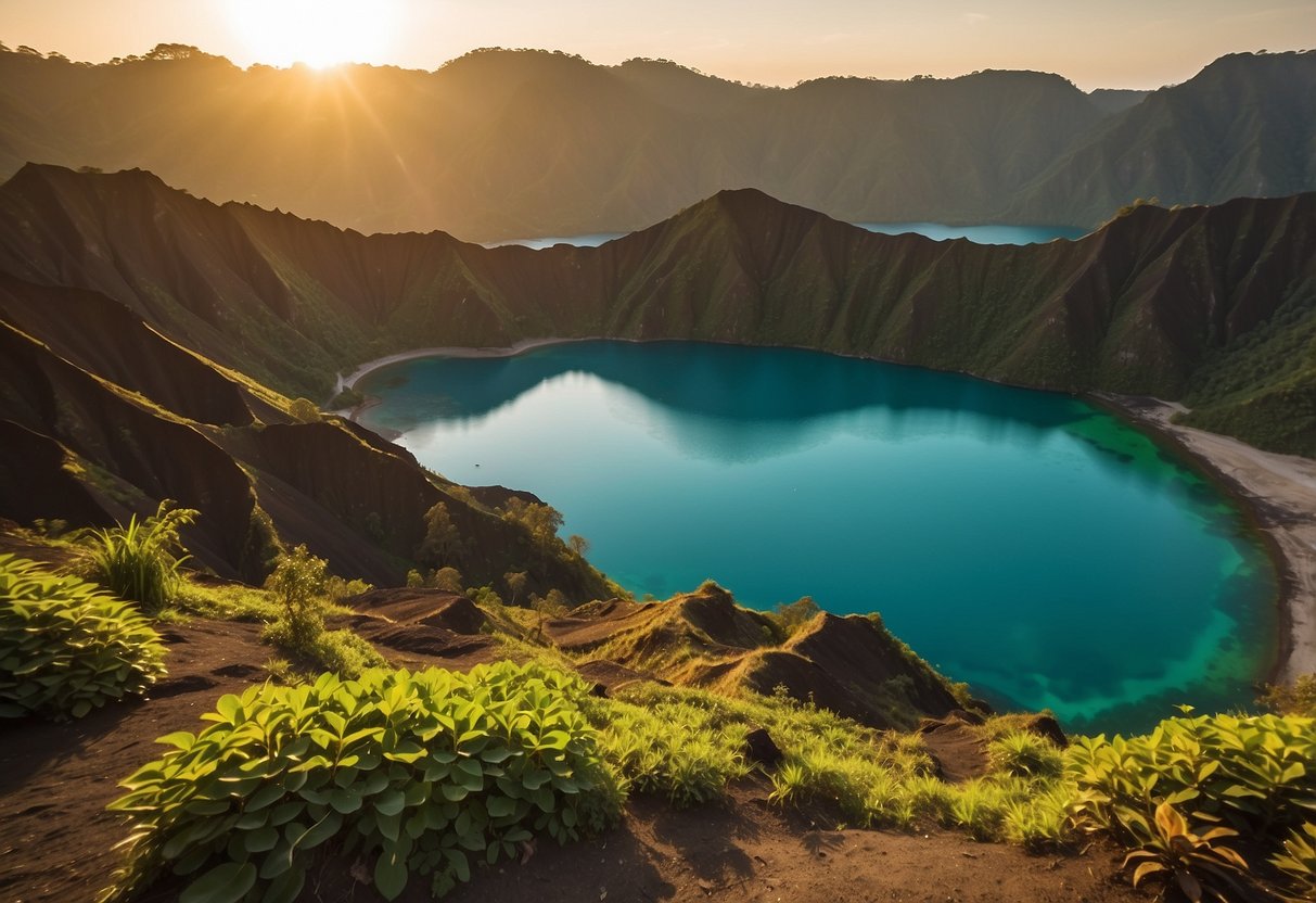 The sun rises over the three volcanic lakes at Kelimutu National Park, casting a golden glow on the turquoise waters and surrounding rugged terrain