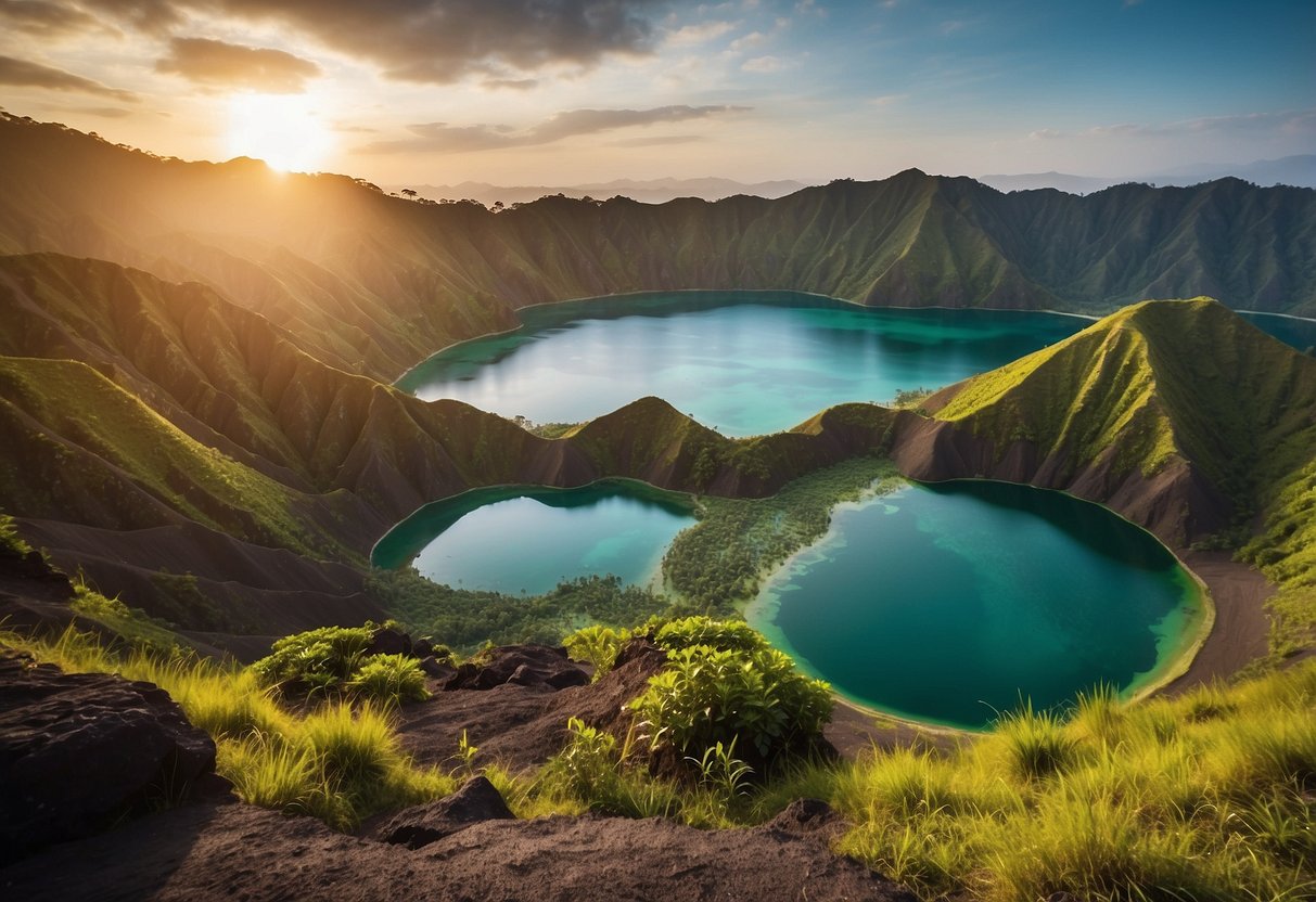 Vibrant sunrise over three volcanic lakes in Kelimutu National Park, Indonesia. Lush greenery surrounds the mystical, color-changing waters