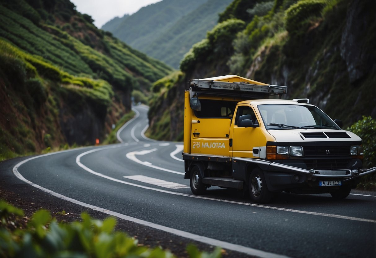 Arrival at 25 Fontes, Madeira. Illustrate a car accident scene with tips for safe driving