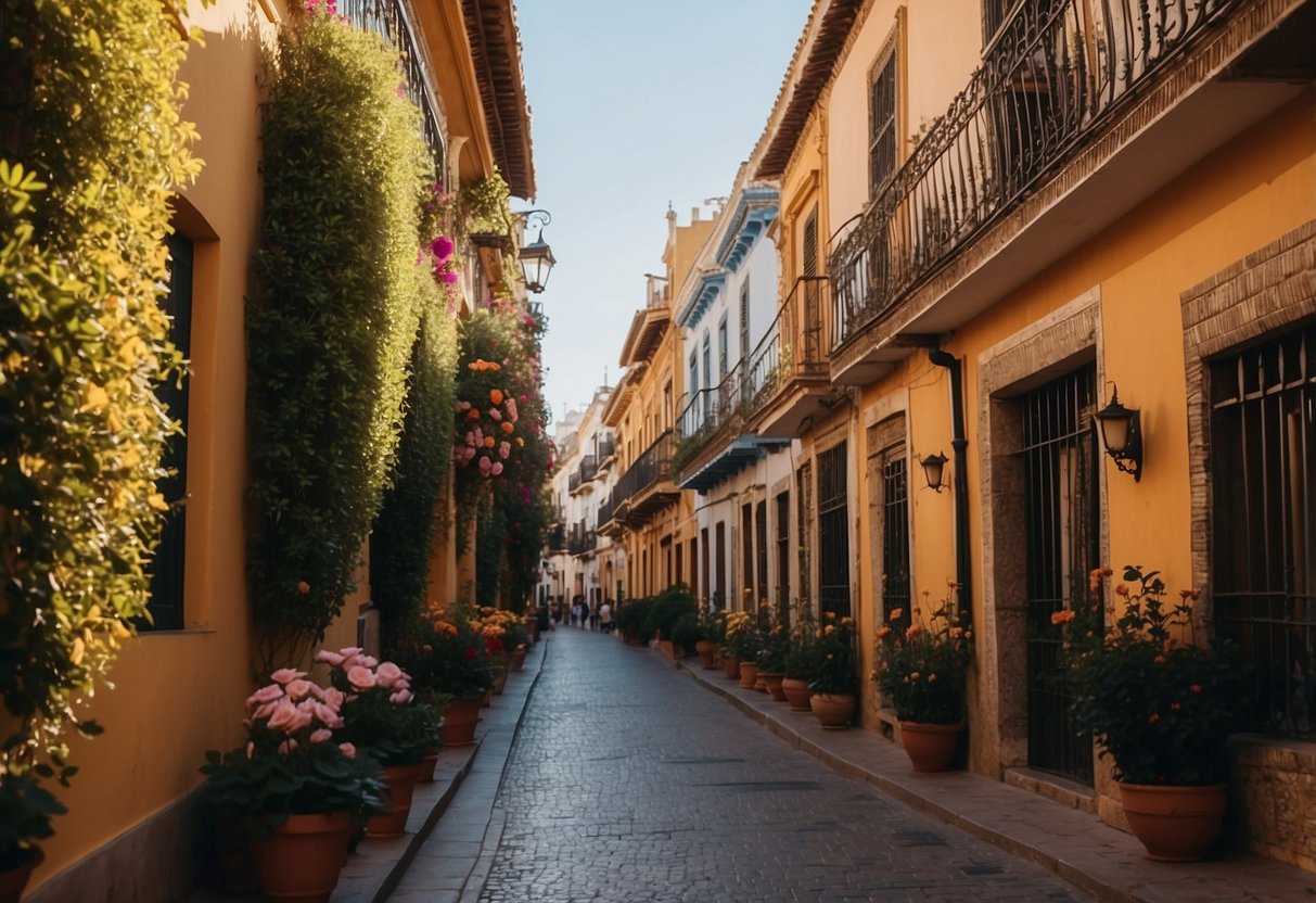 A bustling street in Sevilla, with colorful buildings, cobblestone streets, and vibrant flowers adorning balconies
