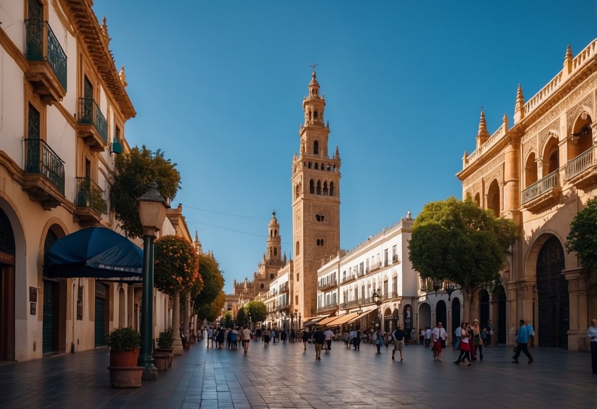 The bustling streets of Sevilla, filled with vibrant colors and historical architecture, set against a bright blue sky with the iconic Giralda tower in the background