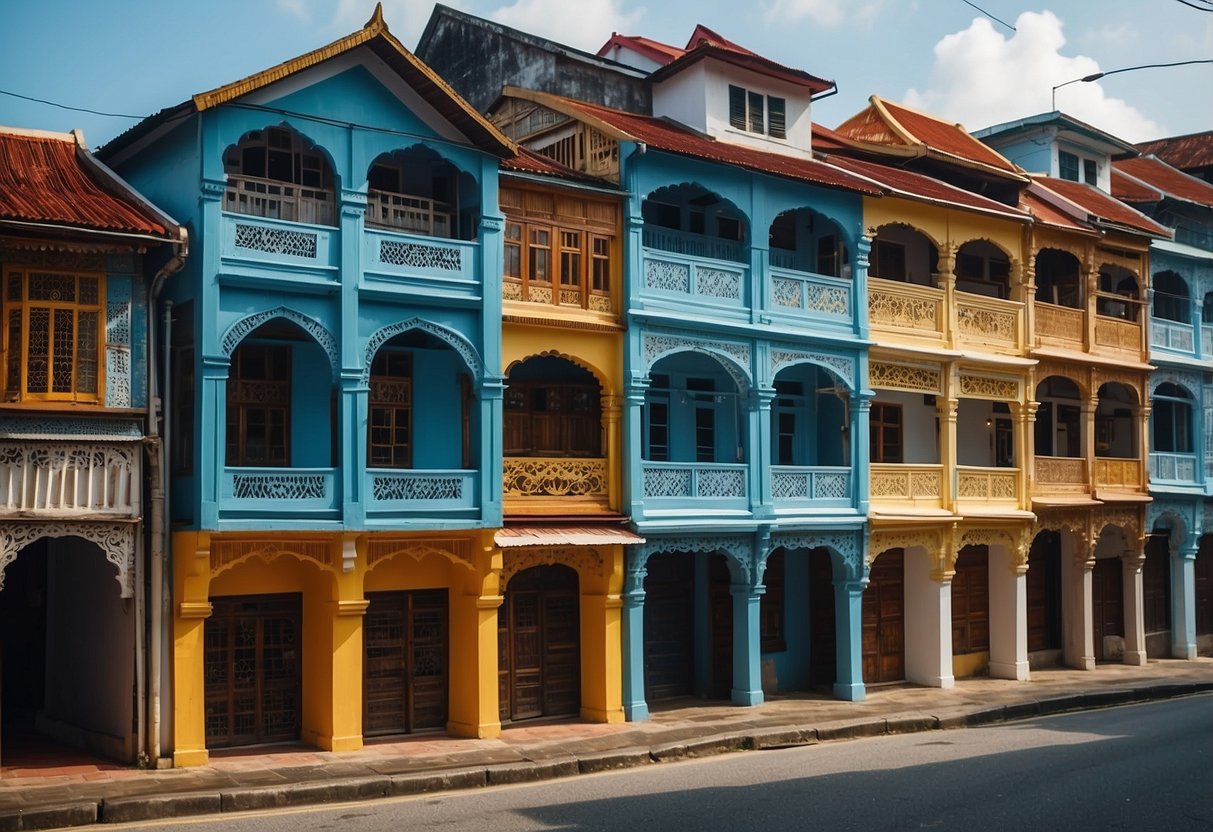 Colorful shophouses line the narrow streets of Georgetown, Malaysia. The vibrant buildings are adorned with intricate details and traditional motifs, creating a picturesque and bustling scene