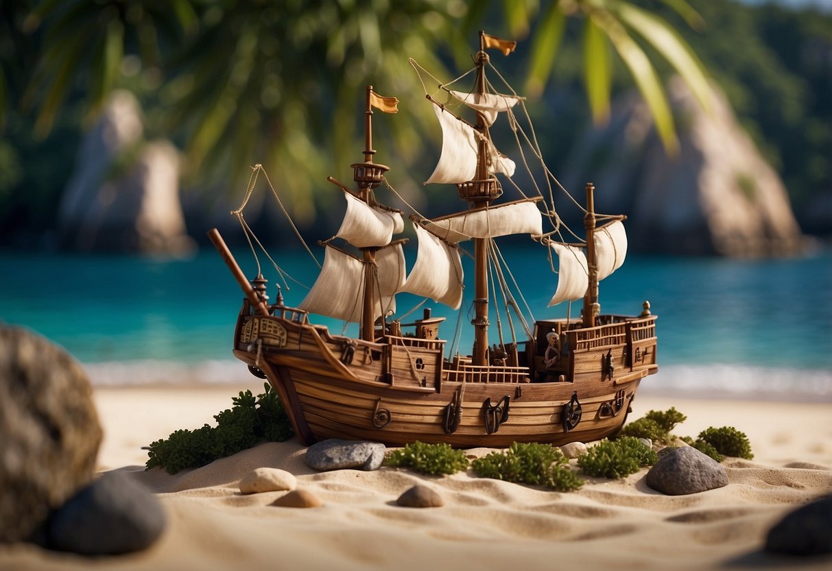 A rugged pirate island with a towering cliff, hidden coves, and a shipwrecked vessel half-buried in the sand