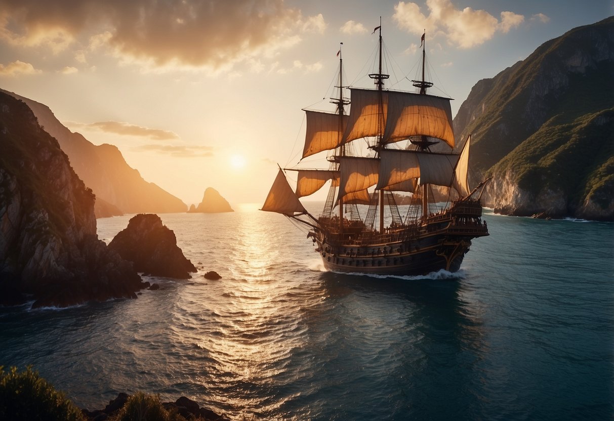 A rugged pirate ship sails towards the mysterious Pirate Island at sunset, with towering cliffs and hidden coves waiting to be explored