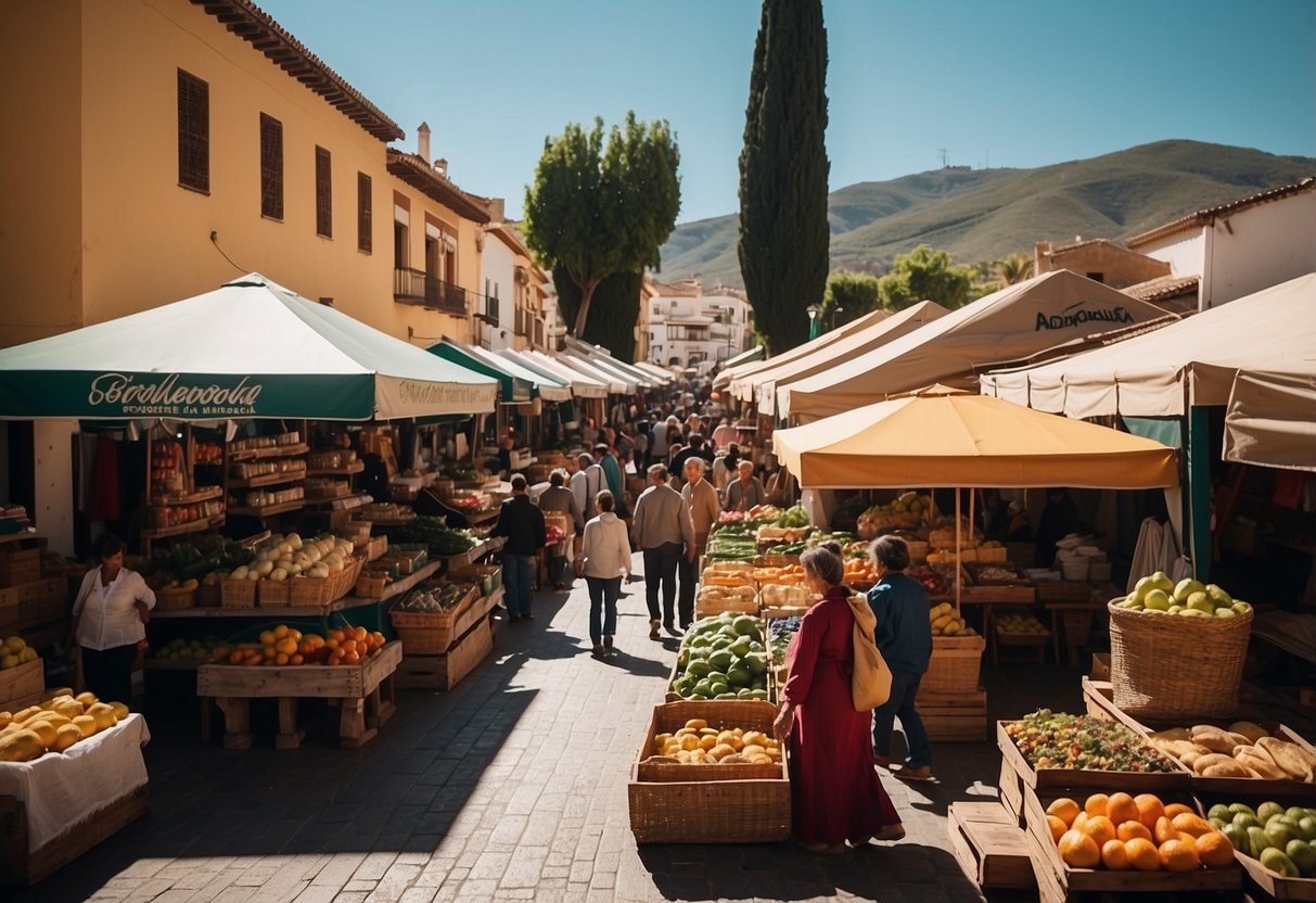 A vibrant market in Granada, bustling with vendors and colorful goods, under the warm Andalusian sun