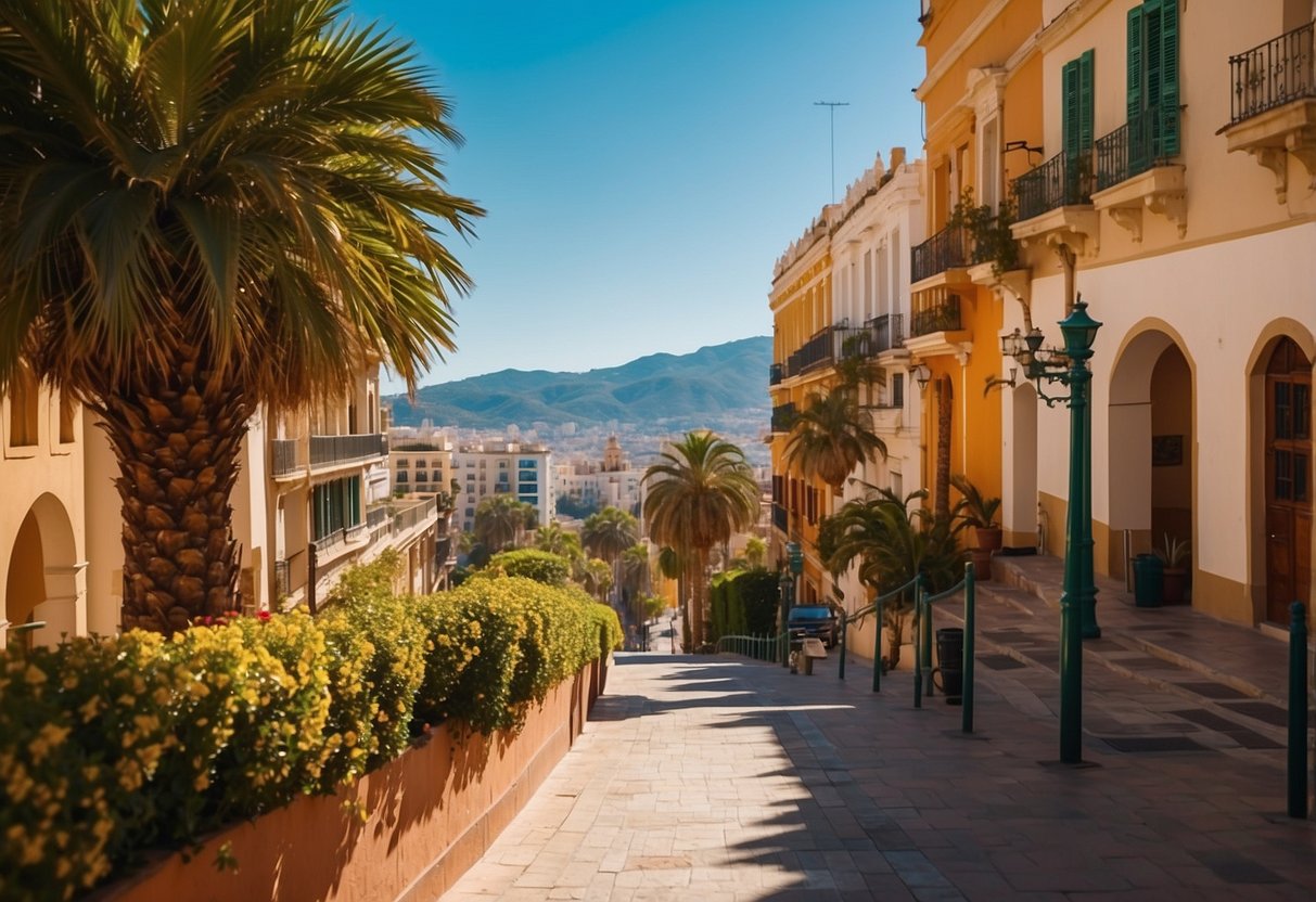 A vibrant cityscape of Malaga, with colorful buildings, palm trees, and a clear blue sky. The sun shines down on the bustling streets and the sparkling Mediterranean Sea in the distance