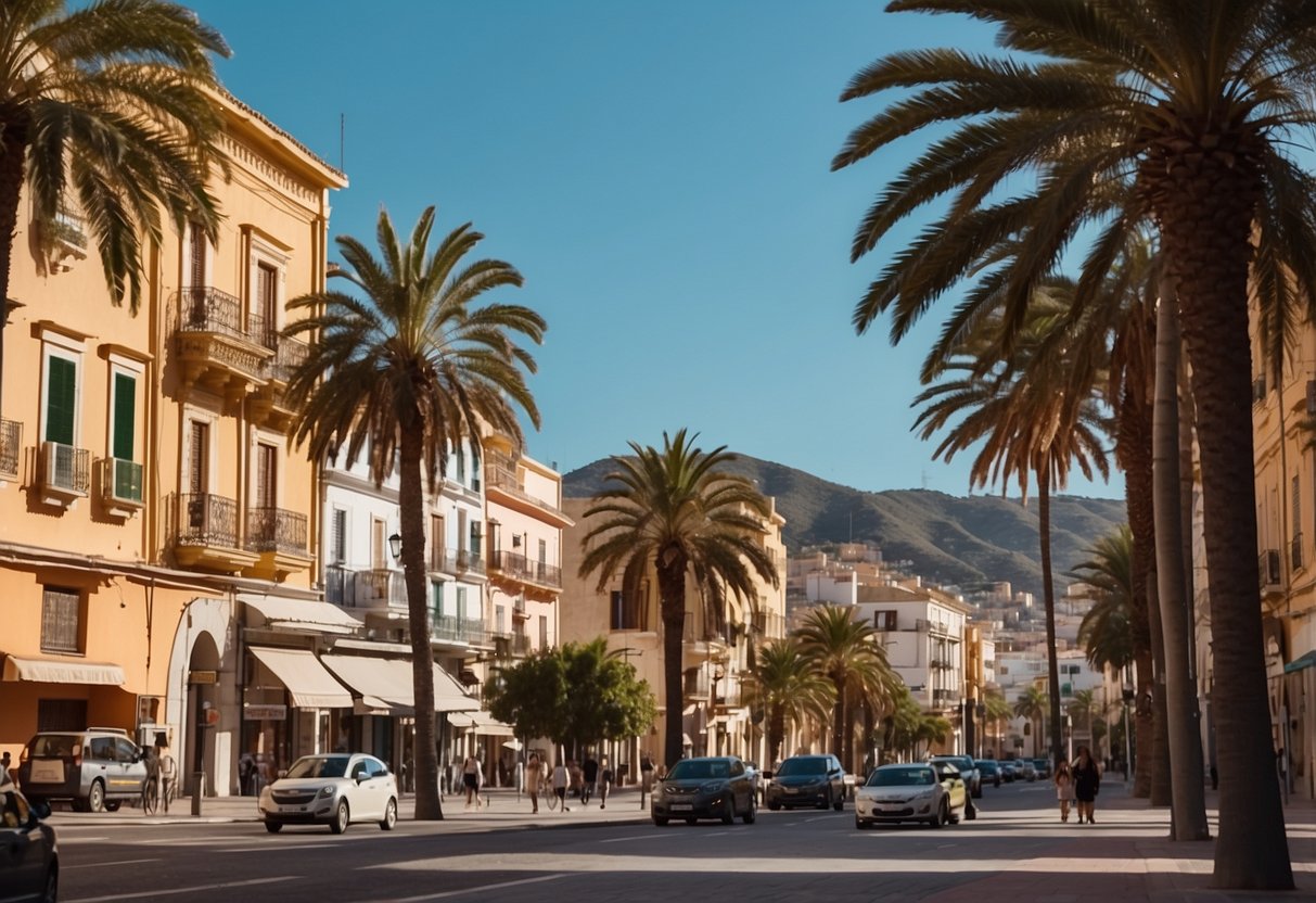 A sunny day in Málaga, with palm trees swaying in the gentle breeze, colorful buildings lining the streets, and the sparkling blue sea in the distance