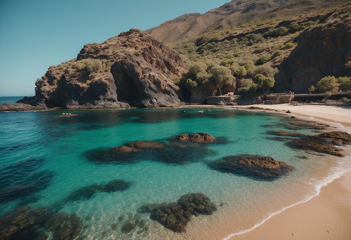 A serene bay in Tenerife, with clear turquoise waters and a sandy beach, surrounded by lush green cliffs and the occasional sea turtle swimming gracefully