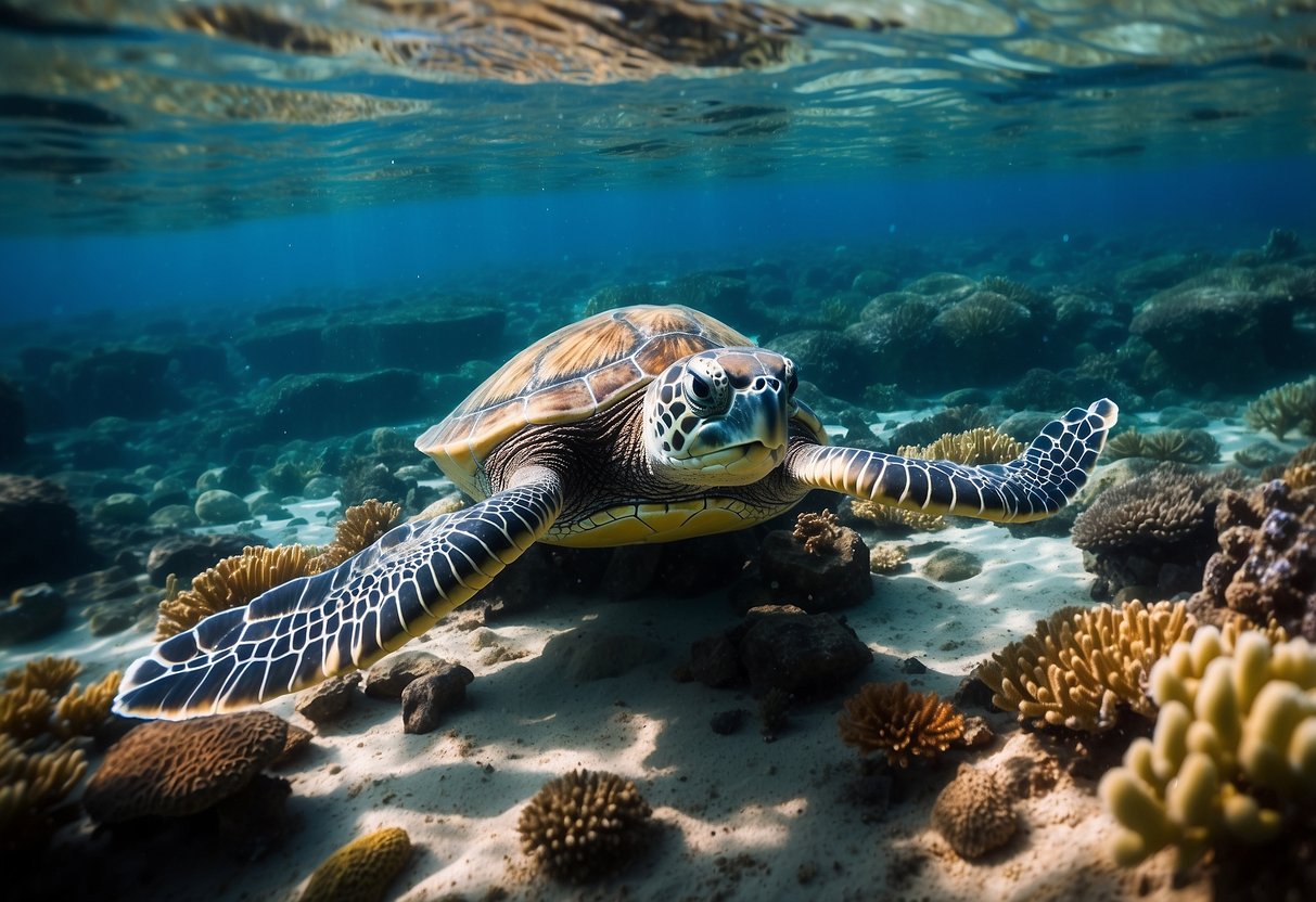 A clear blue ocean with vibrant coral reefs, a gentle sea turtle gracefully swimming among the colorful marine life in Tenerife's Turtle Bay