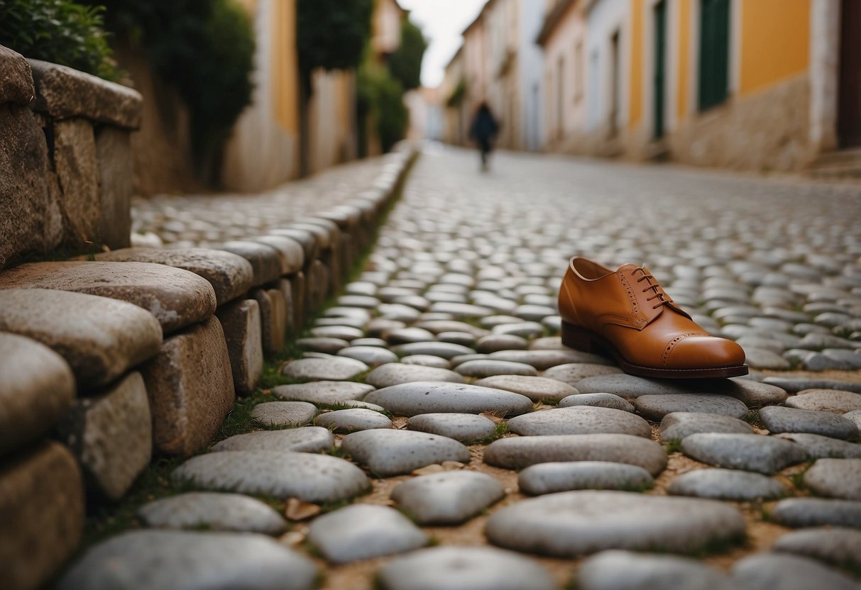 A cobblestone path in Portugal with traditional shoes on display