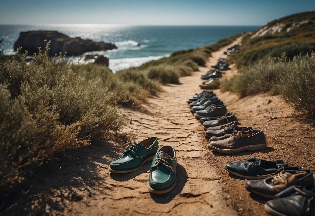 A fisherman's pathway in Portugal, with scattered shoes and fishing gear, being planned and prepared for use