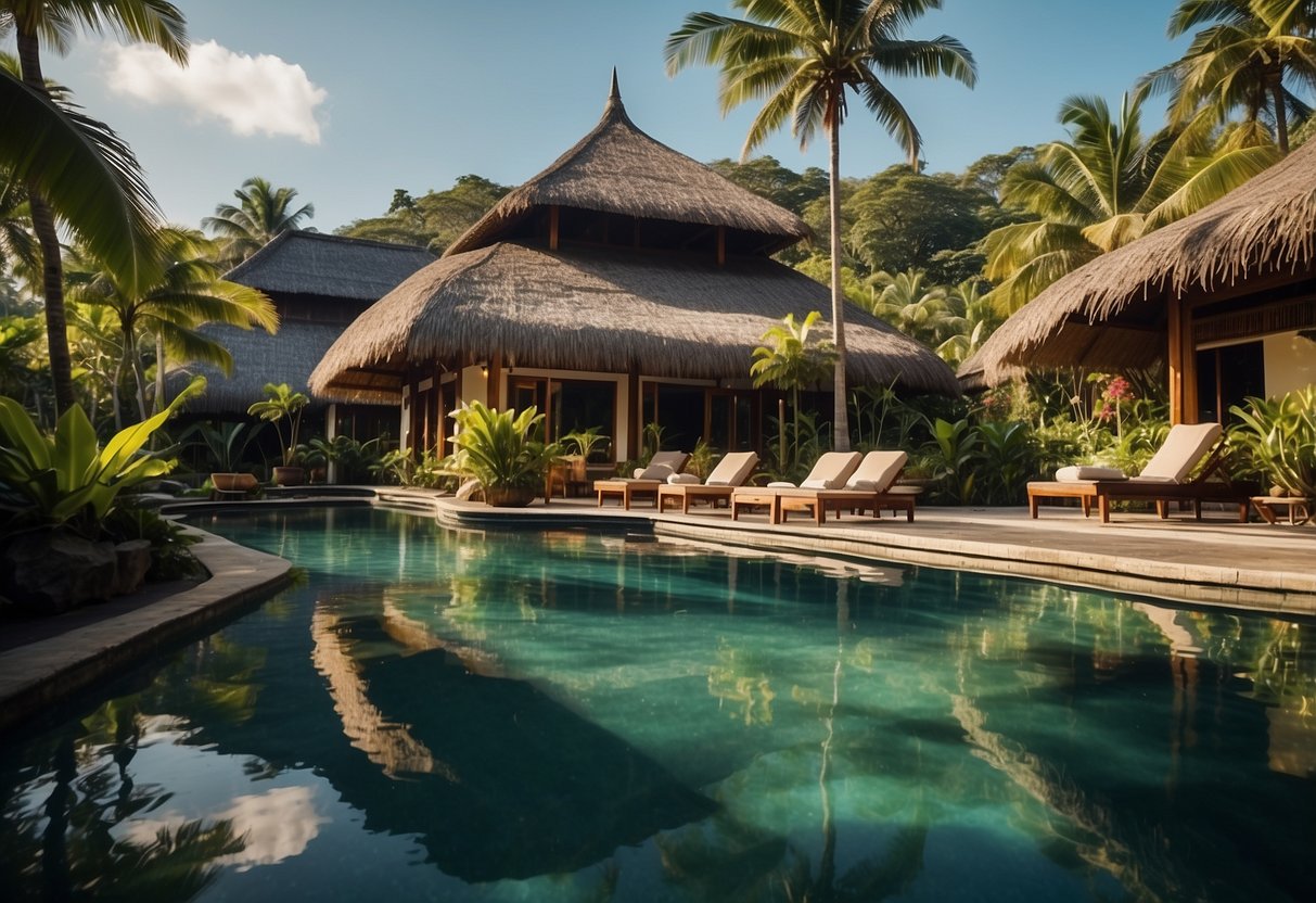 Tropical Indonesian hotel with traditional thatched roofs, lush green palm trees, and a crystal-clear swimming pool