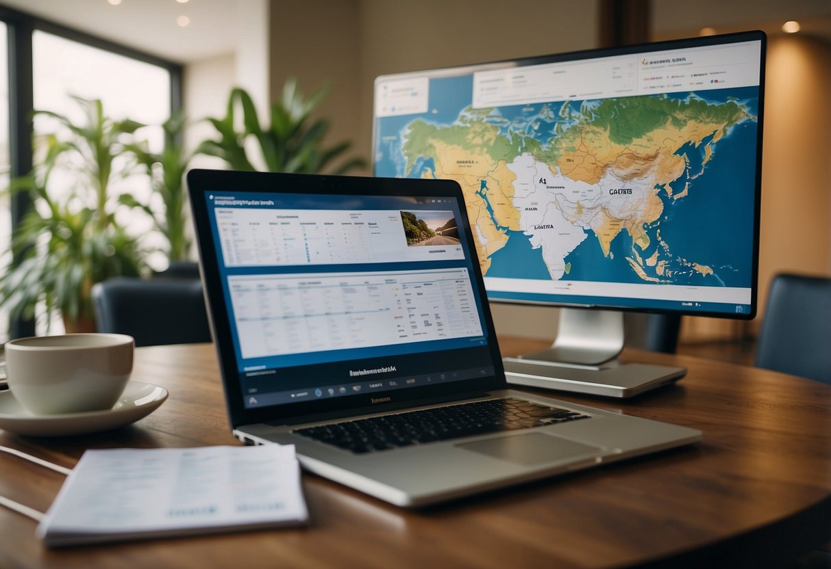 A person sits at a desk, typing on a laptop with a map of Indonesia and a hotel reservation form in front of them. The room is filled with travel brochures and a calendar marked with important dates