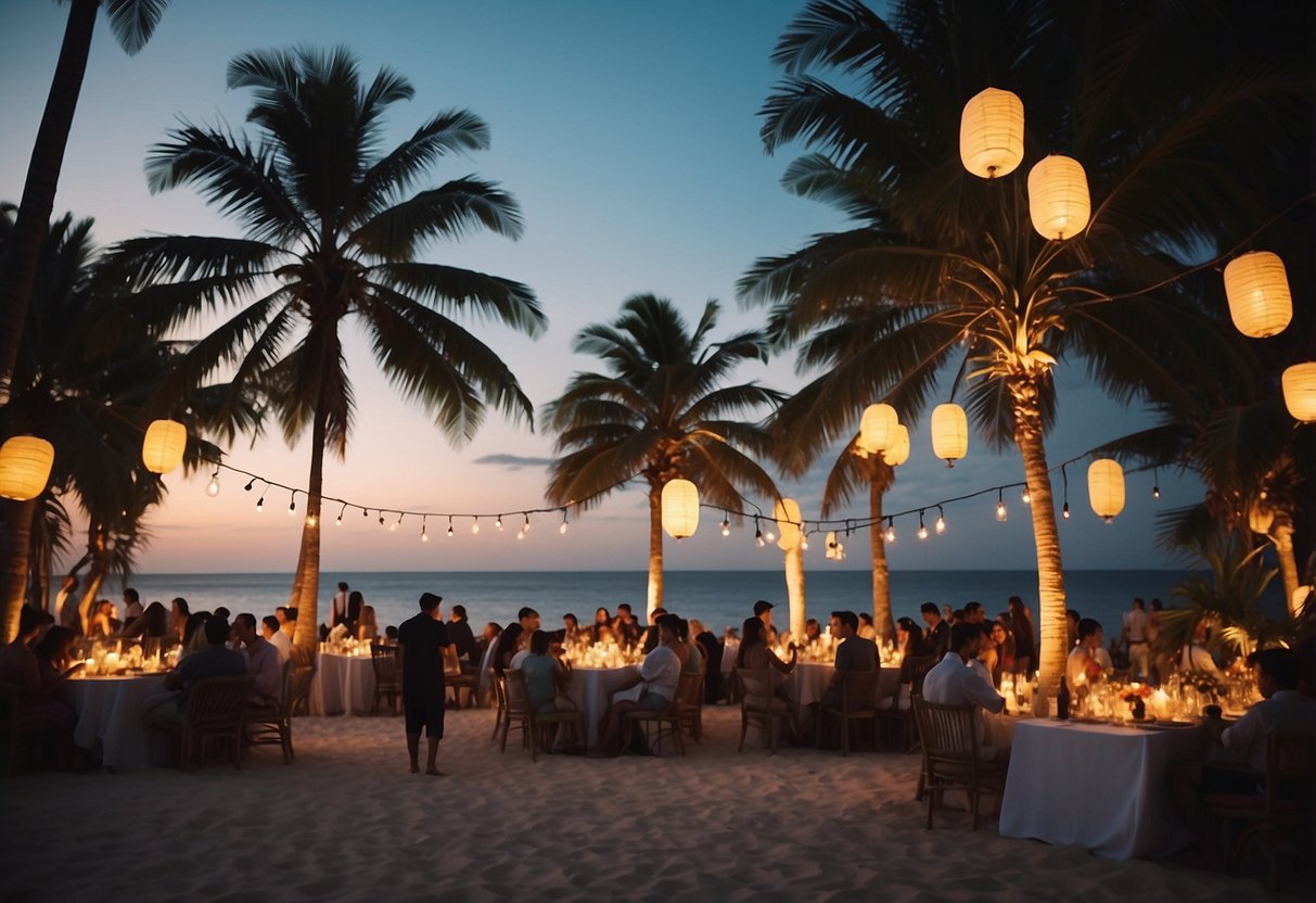 Tropical island with palm trees, colorful lanterns, and a beachside party with people dancing and enjoying drinks