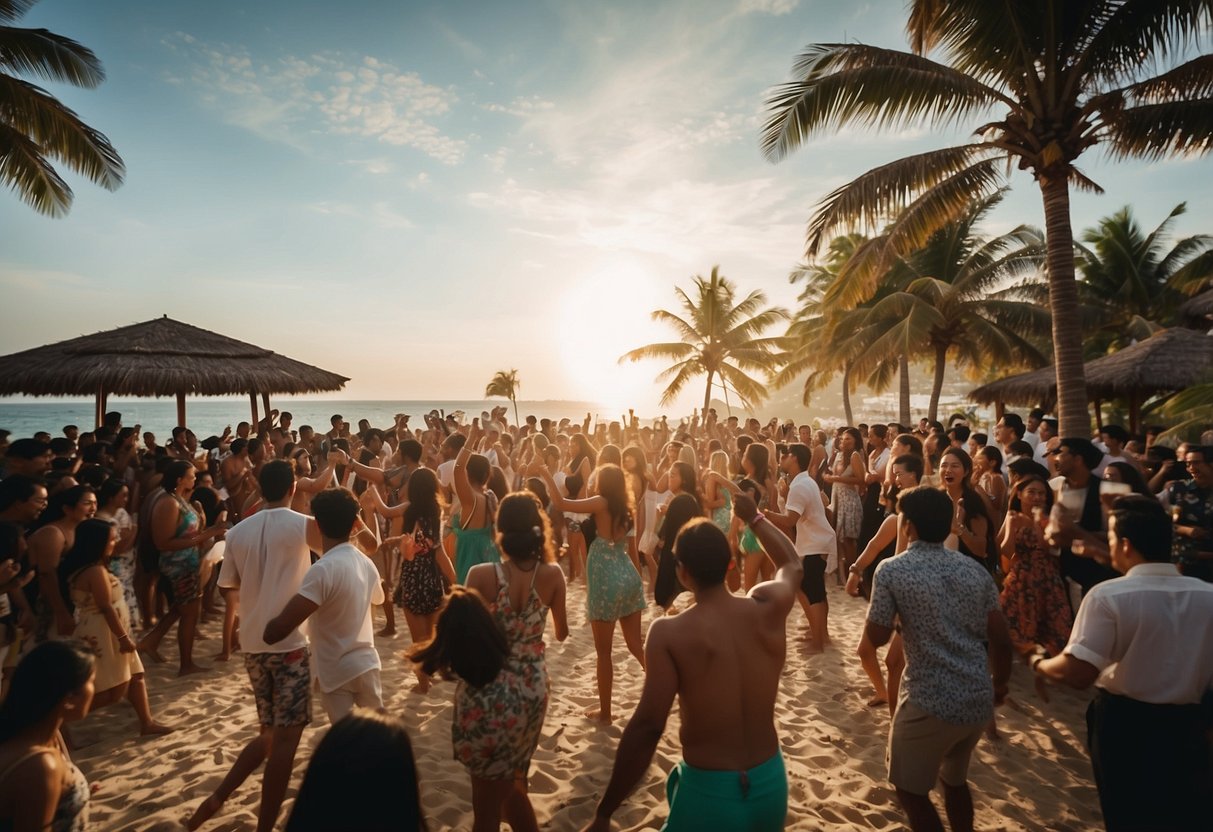 A vibrant beach party on a Thai island with palm trees, colorful lights, and people dancing to music