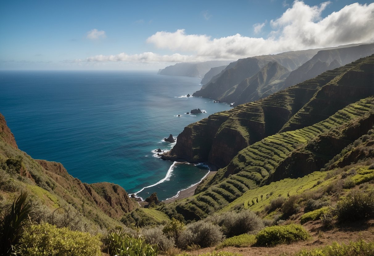 A serene landscape of Sao Lourenco, Madeira, with rugged cliffs, turquoise waters, and lush greenery