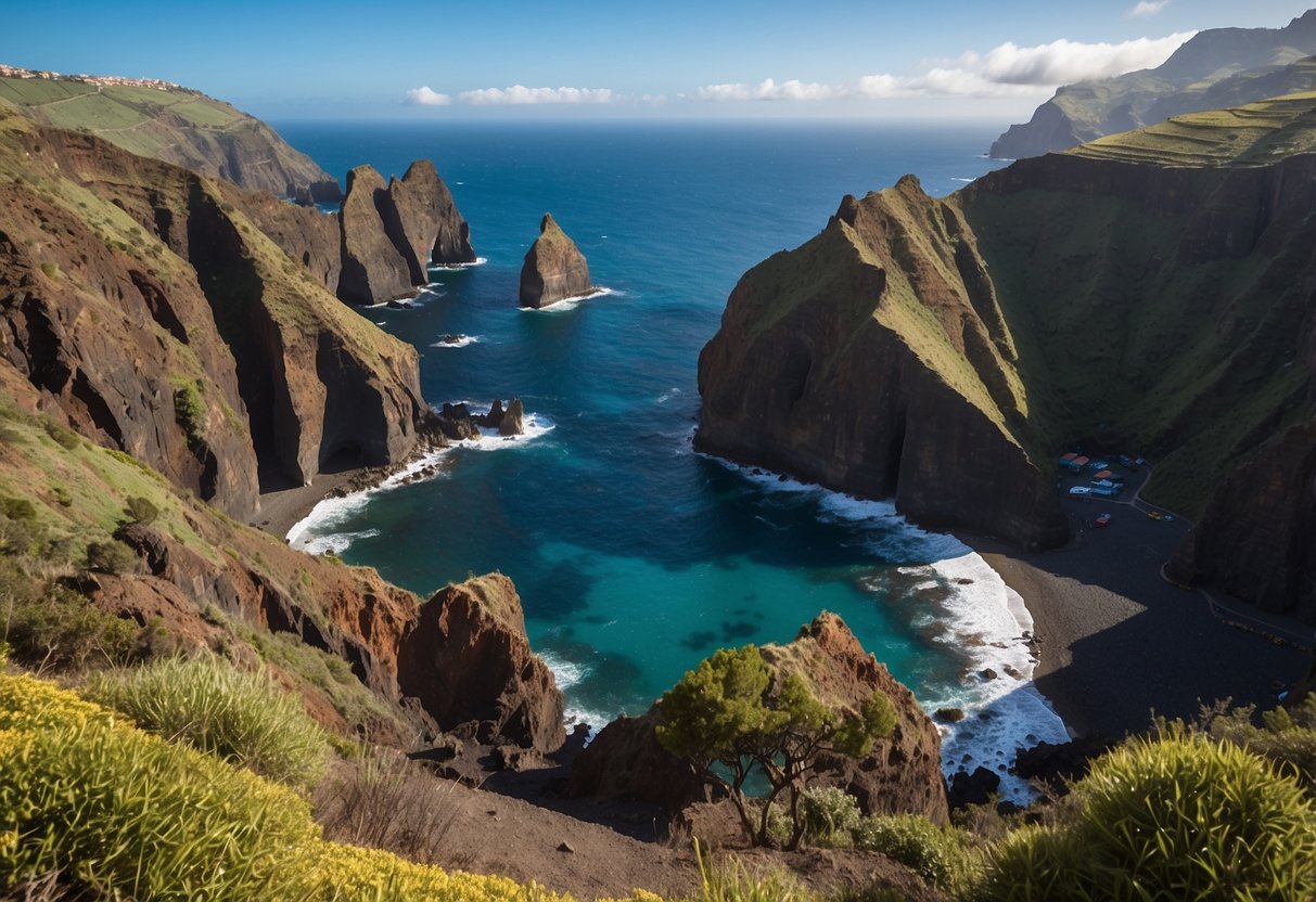 A picturesque view of Sao Lourenco, Madeira, with its unique rock formations, rugged coastline, and vibrant flora. The clear blue waters of the Atlantic Ocean contrast against the dramatic cliffs, creating a stunning landscape