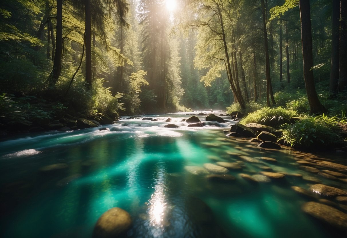 A serene river flows through a lush forest, with sunlight filtering through the trees onto the clear, turquoise water