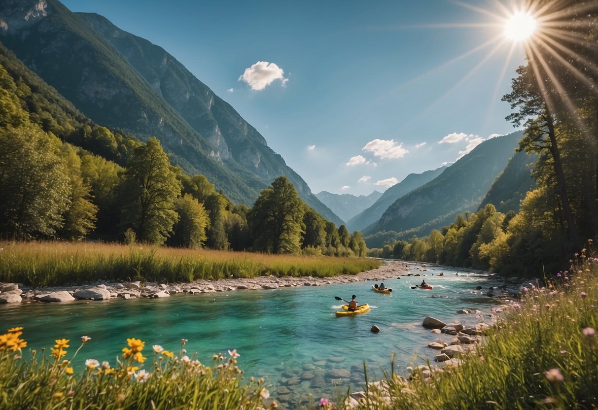 Crystal-clear Soča River flows through lush valley, with people swimming and kayaking. Mountains rise in the background, and colorful wildflowers dot the landscape